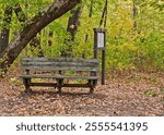 Weathered wooden bench at trailhead in autumn