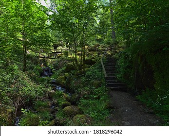 Weathered Wooden Bridges And Stairs Leading Through A Canyon With Moss Covered Rocks Near Gaishöll Water Fall At The Edge Of Black Forest In Sasbachwalden, Baden-Wuerttemberg, Germany In Spring. 