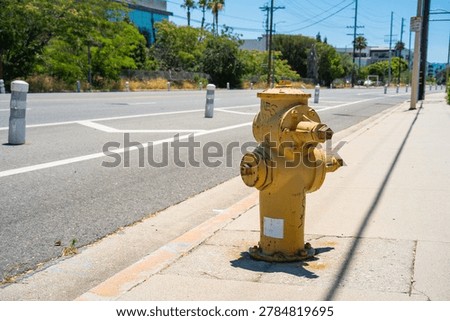 A weathered yellow fire hydrant is positioned on a concrete sidewalk adjacent to a road with traffic bollards and power lines visible in the background