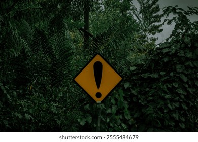  A weathered yellow warning sign with a black exclamation mark, half-hidden by lush green foliage in a dense forest - Powered by Shutterstock