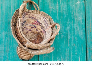 Weaved baskets from dried palm leaves, traditional Emirati handicraft. Handmade UAE arts and crafts. High quality photo.