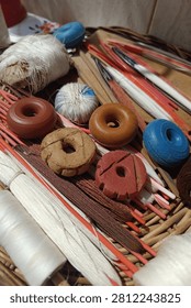 Weaving tools, threads, and handmade spindle whorls for traditional textile crafting