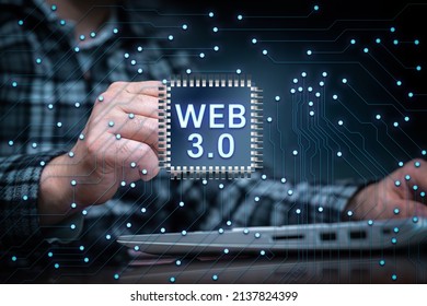 Web 3.0 concept image with a man using a laptop. Technology and WEB 3.0 concept. - Shutterstock ID 2137824399