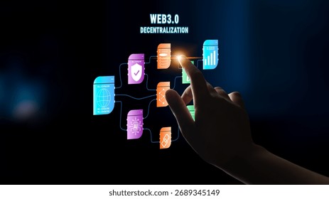 The Web 3.0 decentralization technology ecosystem. A flowchart of interconnected concepts like AI, blockchain, security, and decentralized finance. Motif