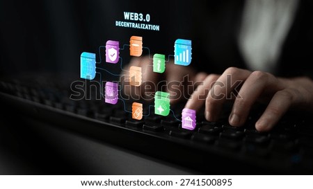 The Web 3.0 decentralization technology ecosystem. A flowchart of interconnected concepts like AI, blockchain, security, and decentralized finance. Motif