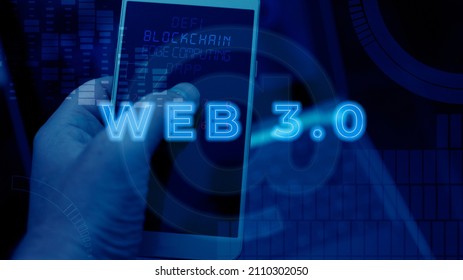 Web 3.0 Typography. Design with "Web 3.0" text projected onto the background. Virtual communication concept representing the future of the Internet in web 3. Blockchain, Dao, Edge computing, meta. - Shutterstock ID 2110302050