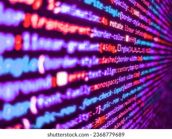 Web abstract programming and created virus on laptop screen. Software source code over digital glitch effect added. Programmer developer screen. Program development concept. Source code photo