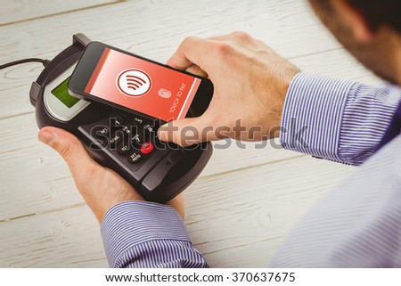 Web against man using smartphone to express pay