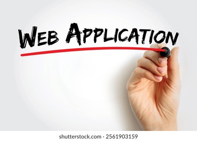 Web Application - program that is stored on a remote server and delivered over the Internet through a browser interface, text concept background