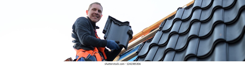 Web Background For Roofer Worker Isolated, Man On The Roof With Completed Vocational Training On Free Roof