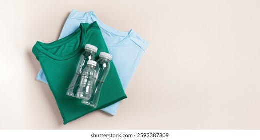 Web banner border with plastic bottles and folded t-shirts, flat lay, concept of clothing production from recycled plastic materials, top view, copy space