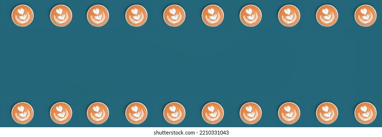 Web Banner With Cappuccino With Frothy Foam, Coffee Cup Top View Is On The Blue Background. Flat Lay Style. Copy Space, Cut Out. Pattern.