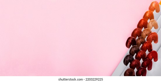 Web Banner With Hair Dye Swatches Of Different Colors On Pink Background. Dyeing Hair Into Assorted Shades At Hairdresser. Mockup With Copy Space