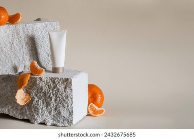 Web banner view of white blank space skincare cosmetic bottle, tube of anti aging, rejuvenating face cream, lotion for body with vitamin c, body peeling scrub, shower gel with tangerine citrus fruit - Powered by Shutterstock