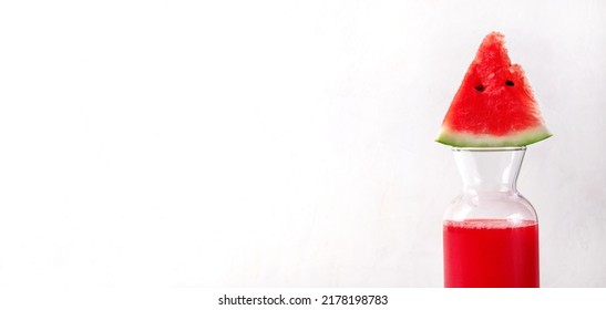 Web Banner With Watermelon Juice Bottle With The Slice Of Fruit On It. Mockup With Copy Space