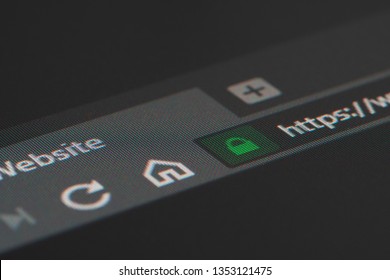 Web browser closeup on LCD screen with shallow focus on https padlock. Internet security, SSL certificate, cybersecurity, search engine and web browser concepts