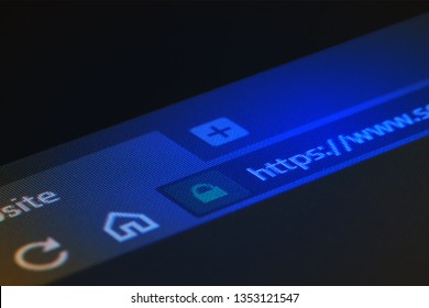 Web browser closeup on LCD screen with shallow focus on https word. Internet security, SSL certificate, cybersecurity, search engine and web browser concepts