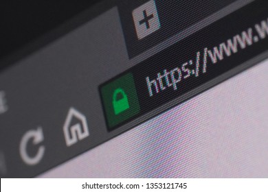 Web browser closeup on LCD screen with depth of field and focus on https word. Internet security, SSL certificate, cybersecurity, search engine and web browser concepts