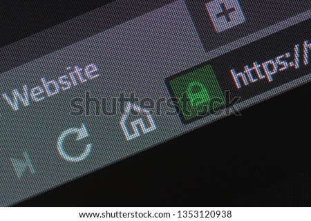 Web browser closeup on LCD with secure https url and visible pixels. Internet security, SSL certificate, cybersecurity, search engine and web browser concepts