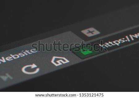 Web browser closeup on LCD screen with shallow focus on https padlock. Internet security, SSL certificate, cybersecurity, search engine and web browser concepts