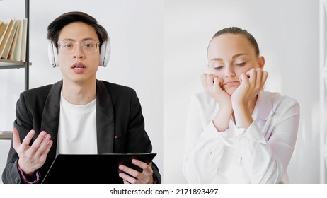 Web Conference. Business Webinar. Remote Education. Corporate Training. Screenshot Of Male Coach Speaking To Tired Upset Female Student At Virtual Class.