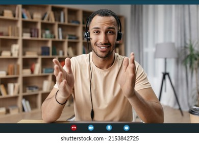 Web Conference Concept. Happy Arab Man Making Video Call Via Laptop, Talking And Gesturing To Webcamera, Having Online Conversation, Monitor Screenshot, Collage