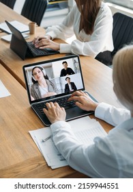 Web Conference. Virtual Business Event. Internet Meeting. Diverse Partners Discussing International Cooperation Working Online In Digital Office On Laptop Screen.