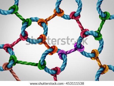 Web connection network as a social media networking structure symbol made of a group of diverse ropes connected by a circle rope icon as a communication technology metaphor for system integration.