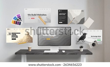 Web design concept with main screen, floating websites, and traditional design tools like pencil, brush, ruler, color palette, notebook, and camera