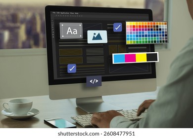 Web Design A developer designs a responsive web app with a modern layout, planning content and coding at a digital workspace doing online web design