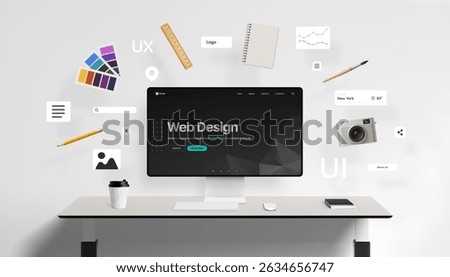 Web design interface displayed on desktop screen, surrounded by floating UI components like buttons, image boxes, and navigation icons, along with creative tools