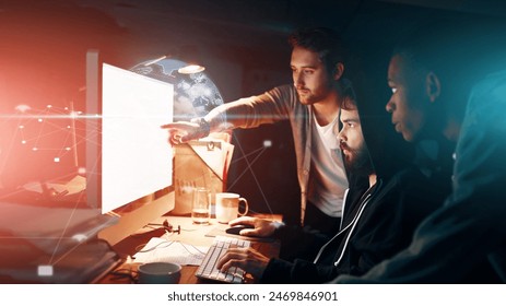 Web design, men and teamwork with computer app development, coding and software project with globe overlay. Programming group, tech support and update to algorithm script or html for company server