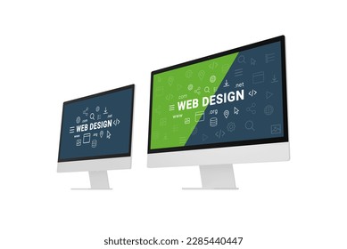 Web design studio concept with two computer displays and web design inscriptions and icons on them. Isolated on white