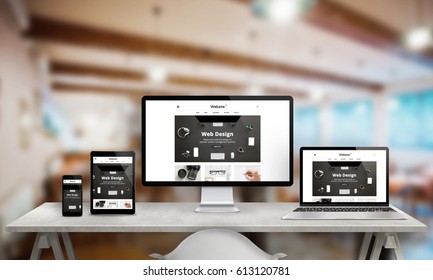 Web Design Studio Promotion On Multiple Devices. Responsive Web Site On Computer Display, Laptop, Tablet And Smart Phone. Modern Clean Design With Clean Creative Images.