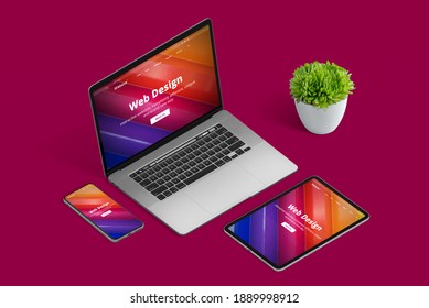 Web Design Studio Promotion With Responsive Promo Page On Different Devices In Isometric Position