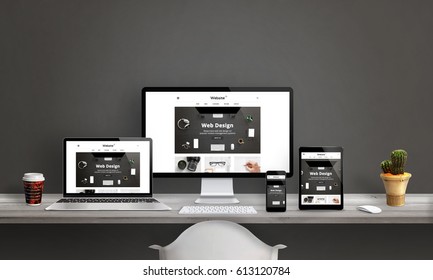 Web design studio with responsive web site promotion. Computer display, laptop, tablet and smart phone mockup on office desk. Plant and coffee beside. - Shutterstock ID 613120784