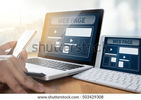 Web Design Template and  web page Closeup shot of laptop with digitaltablet and smartphone on desk. Responsive design web page