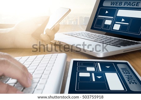 Web Design Template and  web page Closeup shot of laptop with digitaltablet and smartphone on desk. Responsive design web page