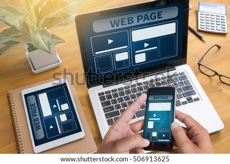 Web Design Template and  web page Closeup shot of laptop with digitaltablet and smartphone on desk. Responsive design web page