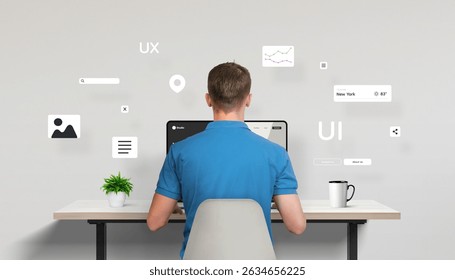 Web designer or developer seated in front of a laptop, seen from behind, actively working on a site interface. Around the desk float various UI elements