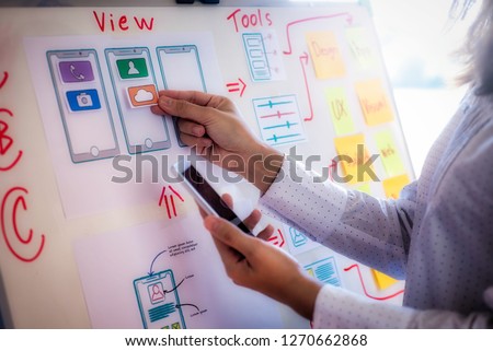 Web designer woman doing test sketch drawing application for mobile phone in office. User experience Design concept.