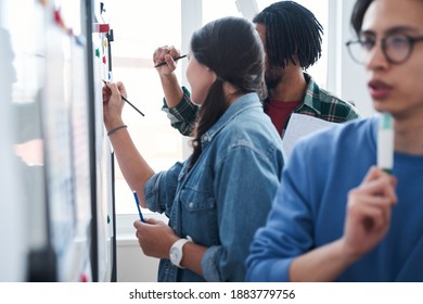 Web Designers. Side View Of The Skilful Future Graphic Designers Drawing Website Ux App Development While Standing In Front Of The White Board. Studying At The Web Design Faculty Concept