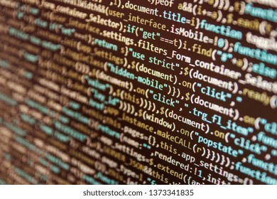 Web develop company web interface icon for software design concept. Programming code on computer monitor. PHP development, software site code. Developing programming binary code. 