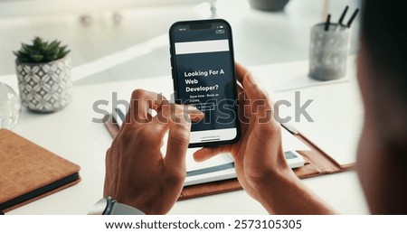Web developer, hands and phone screen with website in office for recruitment launch or check user experience. Professional, person or scrolling hiring app for design layout review or performance test