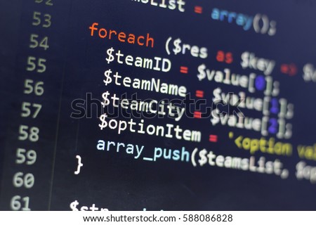 Web developer PHP code close up. Collection items traversing code. Abstract information technology modern background. Concept screen of experienced web developer.