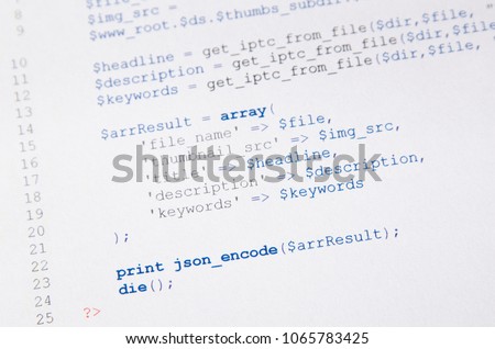 Web developer programming code. Programming, PHP printed code. Computer www script.