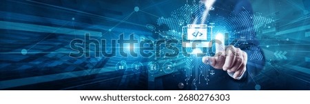Web Developer touch with global on structure Web Development environment, building websites, design, UX, coding, APIs, speed, responsiveness, platforms, and functionality.