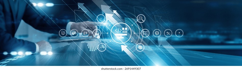 Web developer touching the icon and the word 