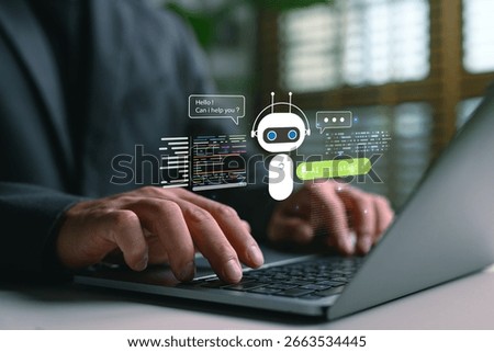 Web developer using AI assistant on laptop to write and debug code, symbolizing artificial intelligence integration in programming, software development, and modern coding solutions.