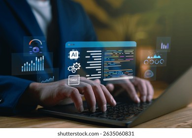 Web developer using AI tools. Hands typing on laptop with digital code interface and data analytics dashboard, representing artificial intelligence in software development and coding productivity.